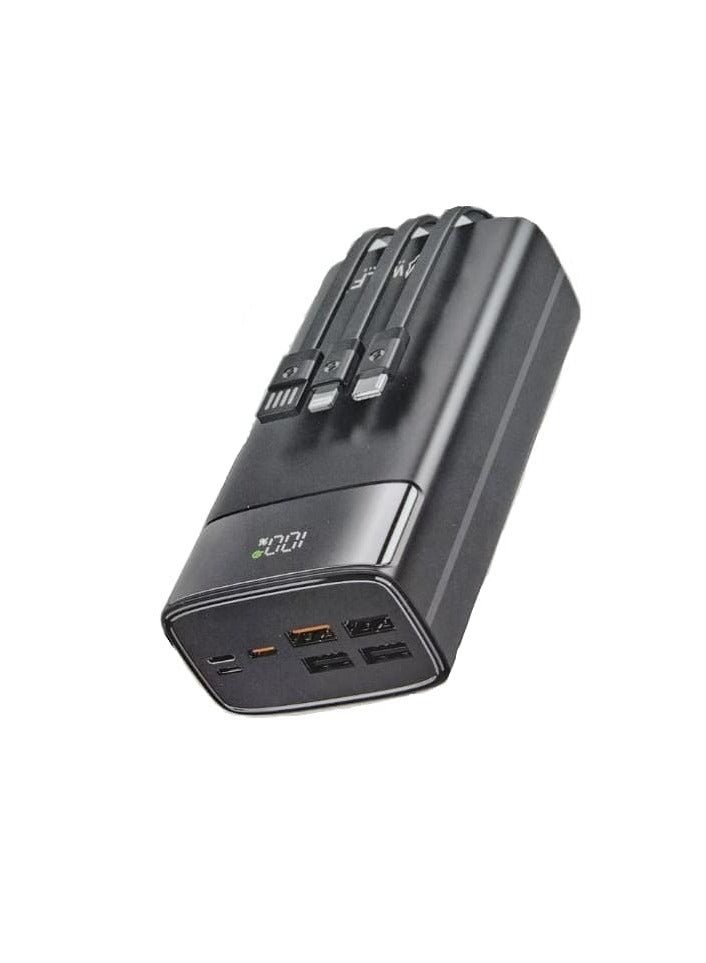 Wulf Power Bank 30000mAh, 22.5W Fast Charging, 4 USB Ports, 2 Type-C, 1 Micro USB And Built-in 3 Cable, Digital Display, Black - Image 1