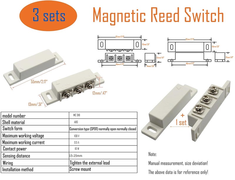 LBY 3 Sets Magnetic Reed Switch, Normally Open/Closed Contact Switch, Personal Gap Alarm, DC 5V/12V/24V Compatible, with Screws, Plastic ABS Shell, White - Image 4