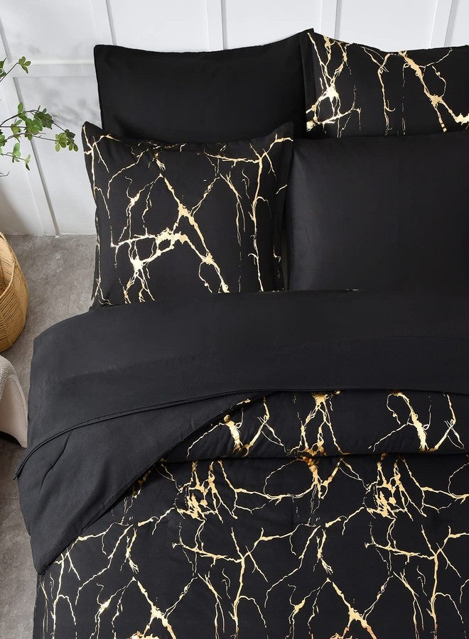 Yogeneg Gold Metallic Marble Comforter Set Queen Size,7 Piece Bed in a Bag,Foil Print Glitter Black Comforter and Sheet Set,All Season Soft Microfiber Complete Bedding Sets(Black,Queen) - Image 3