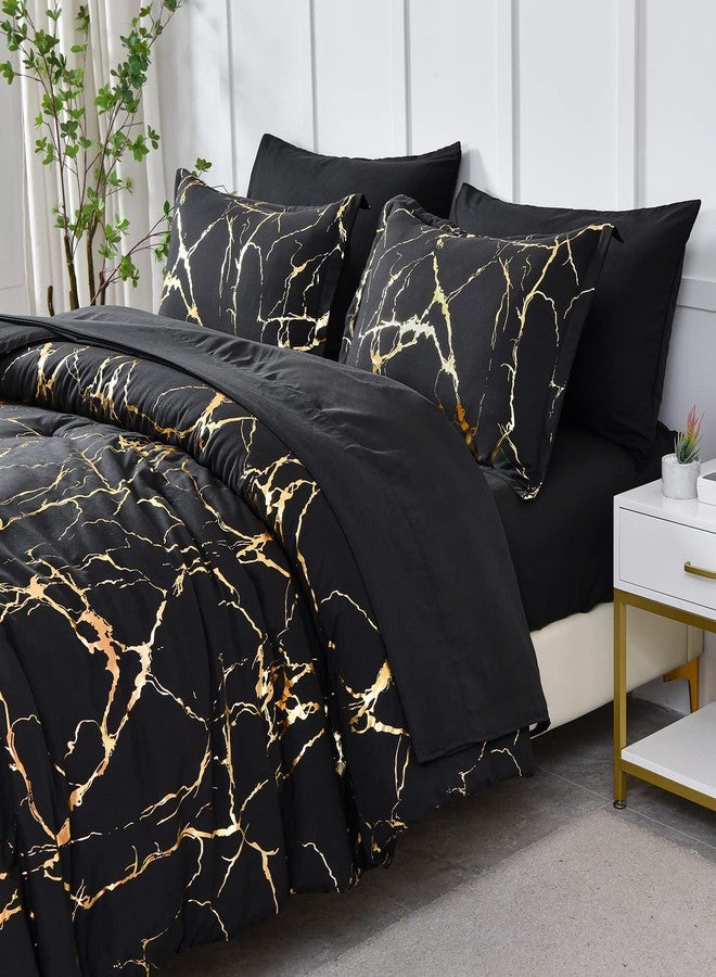 Yogeneg Gold Metallic Marble Comforter Set Queen Size,7 Piece Bed in a Bag,Foil Print Glitter Black Comforter and Sheet Set,All Season Soft Microfiber Complete Bedding Sets(Black,Queen) - Image 2
