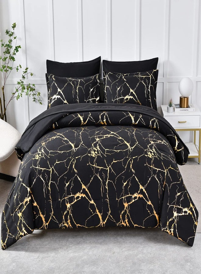 Yogeneg Gold Metallic Marble Comforter Set Queen Size,7 Piece Bed in a Bag,Foil Print Glitter Black Comforter and Sheet Set,All Season Soft Microfiber Complete Bedding Sets(Black,Queen) - Image 1