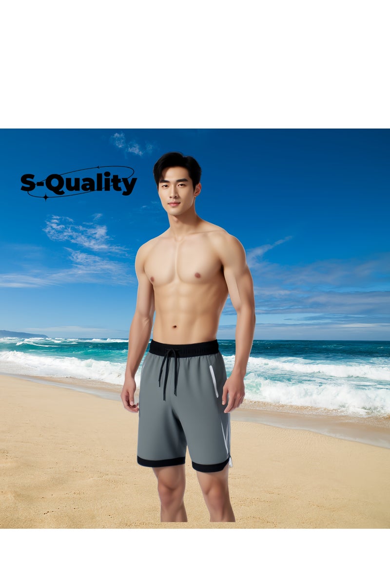 S-Quality Men’s Plus-Size Swim Shorts – Quick-Dry with Built-In Mesh Liner, Loose Fit in Grey - Image 1
