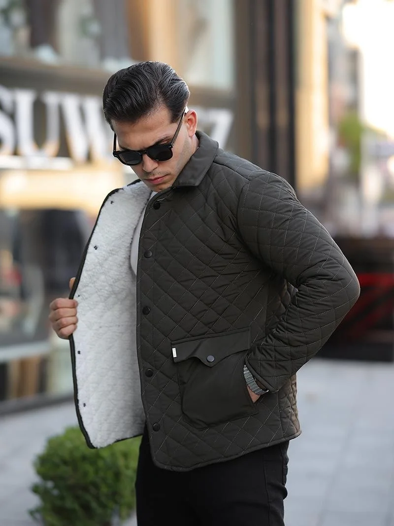 Pobudo Quilted Khaki Color Fur Lined Men's Coat