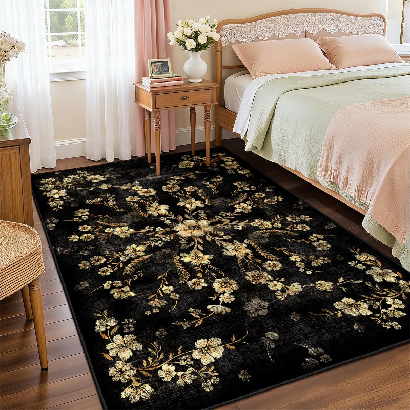 Castage Black Floral Rug 3x5 Washable Area Rugs for Bedroom Living Room Kitchen Entryway Bedside,Small Boho Vintage Bohemian Farmhouse Oriental Non Slip Carpet,Gold Flowers Decor - Image 2