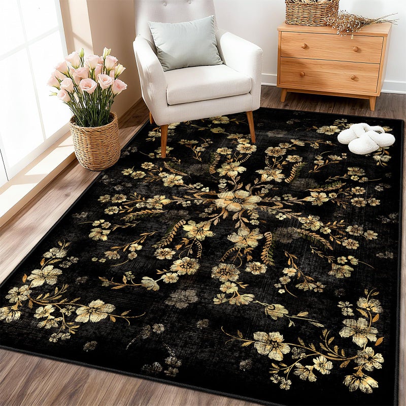 Castage Black Floral Rug 3x5 Washable Area Rugs for Bedroom Living Room Kitchen Entryway Bedside,Small Boho Vintage Bohemian Farmhouse Oriental Non Slip Carpet,Gold Flowers Decor - Image 3