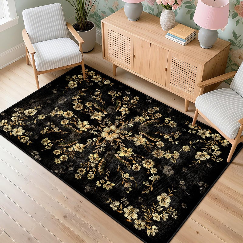 Castage Black Floral Rug 3x5 Washable Area Rugs for Bedroom Living Room Kitchen Entryway Bedside,Small Boho Vintage Bohemian Farmhouse Oriental Non Slip Carpet,Gold Flowers Decor - Image 4