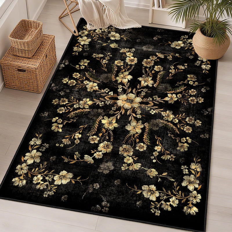 Castage Black Floral Rug 3x5 Washable Area Rugs for Bedroom Living Room Kitchen Entryway Bedside,Small Boho Vintage Bohemian Farmhouse Oriental Non Slip Carpet,Gold Flowers Decor - Image 1