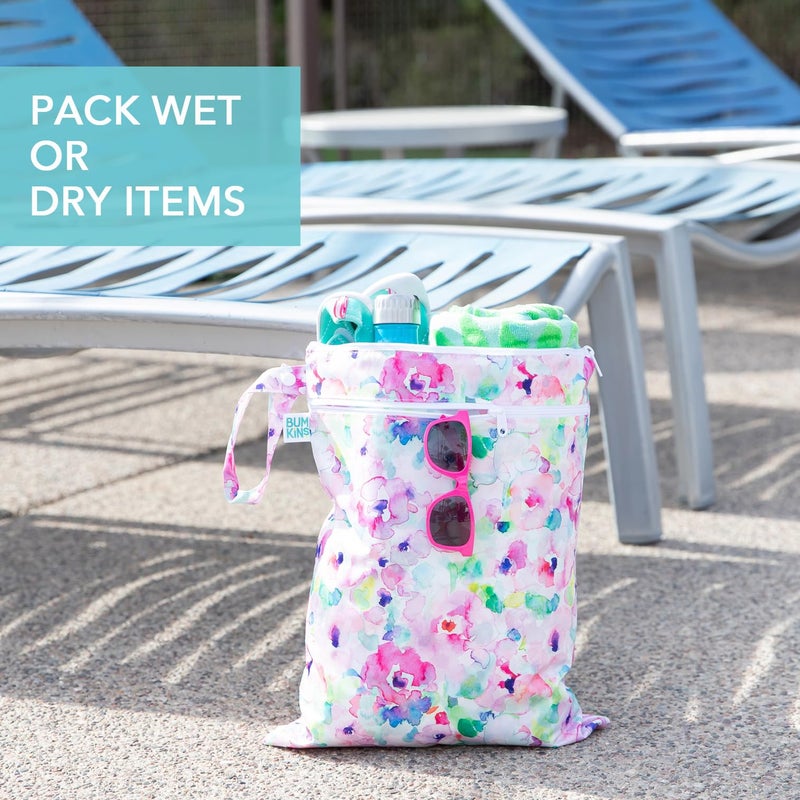 Bumkins Waterproof Wet Dry Bag for Baby, Travel, Swimsuit, Cloth Diaper, Pump Parts, Pool, Beach, Gym Clothes, Toiletry, Hook to Stroller, Daycare, Zip Reusable Wetdry Packing Pouch, Watercolor Floral - Image 3