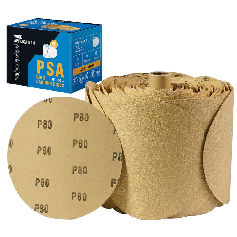 S SATC 100 PCS PSA Sanding Discs 6 Inch Adhesive Backed Sandpaper 80 Grit Sander Attachment for Drill Self Stick Aluminum Oxide Round Automotive Sandpaper with Sticky Back - Image 1