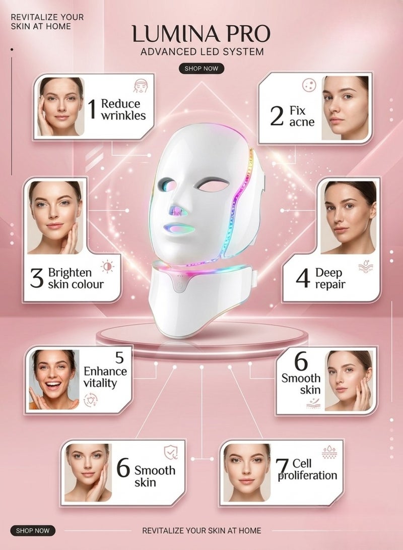 Houmt LED Face Mask 7 Color Light Therapy Mask Collagen Anti Aging Tightening Scarring Whitening Beauty LED Face Mask with Neck Mask Instrument - Image 2
