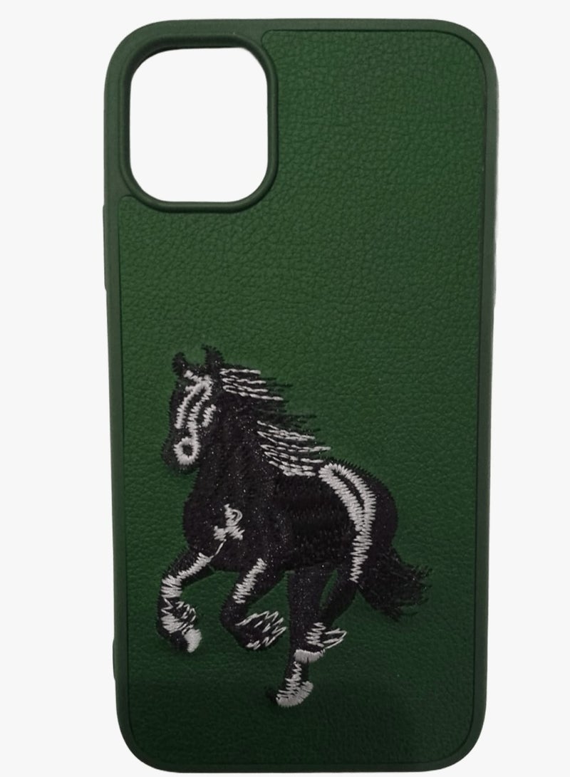 كيس جراب هاتف مضاد للصدمات بتصميم تطريز حصان لهاتف آيفون 11برو ماكس باللون الاخضر