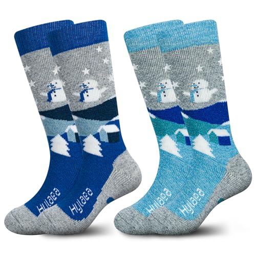 Hylaea Merino Wool Ski Socks Kids, Knee-high Warm Thermal Snowboard Skating Socks for Toddler Boys and Girls Grey Blue Small - Image 1