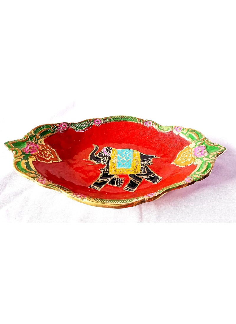 DEV POOJA STORE DEV POOJA STORE Brass Elephant Print Tray Brass Puja Gift Item Brass Pooja Plate 18 cm Multicolor  - Image 1