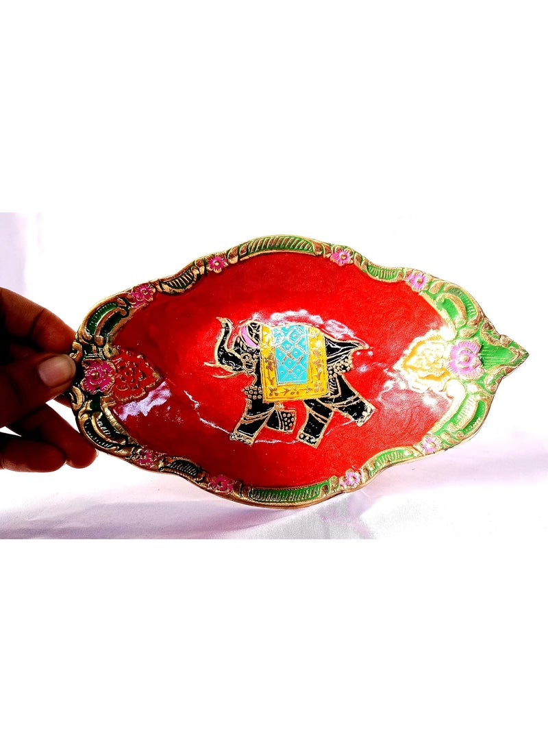 DEV POOJA STORE DEV POOJA STORE Brass Elephant Print Tray Brass Puja Gift Item Brass Pooja Plate 18 cm Multicolor  - Image 2