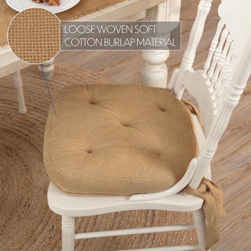 VHC Brands Burlap Chair Pad Dining Room Kitchen Seat Cushion 15x15 Features Ties in Natural Tan - Image 3