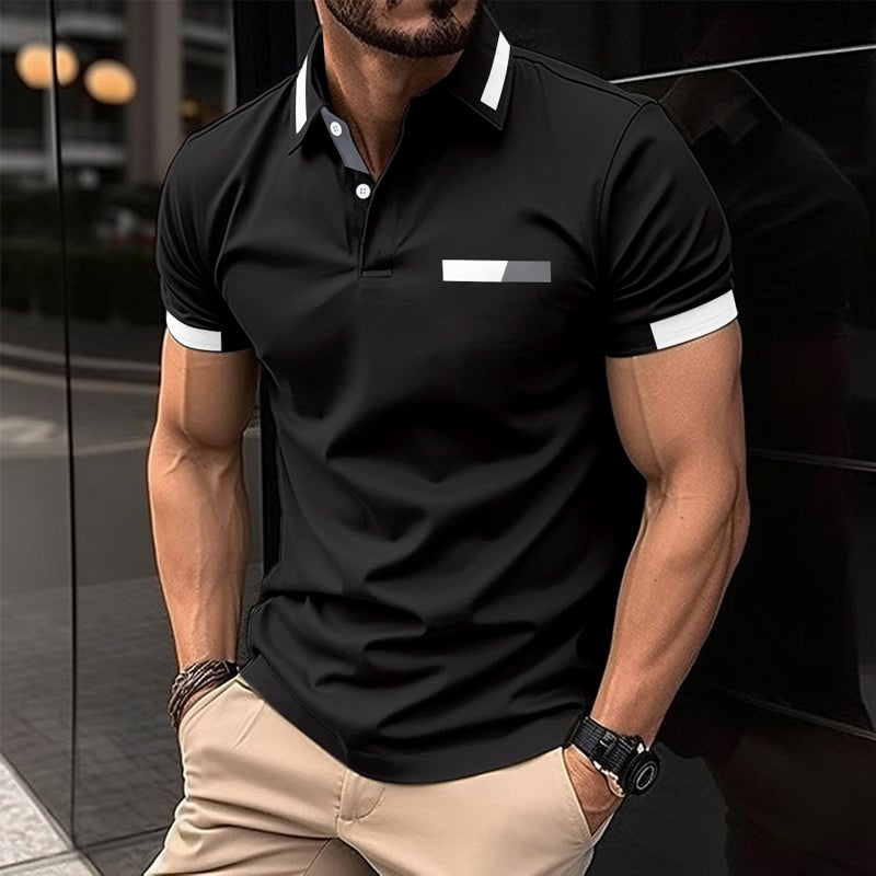 Mens New Casual Polo Shirt with Faux Pocket Black 