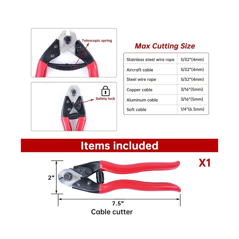 Cable Cutter Wire Rope Heavy Duty Stainless Steel Aircraft Up to 5/32 for Deck Stair Railing Strong Thick Seal Metal Fence Bike Bicycle Brake Cutter - Image 2