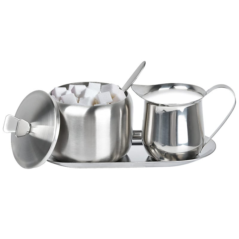 Milkary Sugar and Creamer Set Coffee Serving Set Stainless Steel Latte Milk Cup Cream Jug and Sugar Bowl with Lid and Spoon Tray Server for Coffee Tea Pepper Spices 
