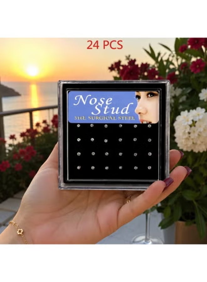 veya Women's hypoallergenic titanium nose studs (24 pieces) with clear crystals and a silver finish. - Image 5