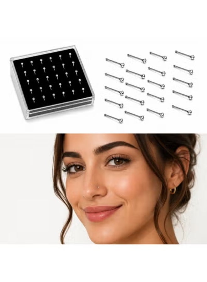 veya Women's hypoallergenic titanium nose studs (24 pieces) with clear crystals and a silver finish. - Image 2