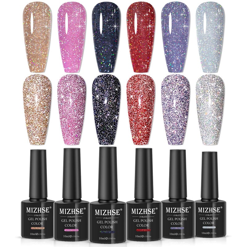 MIZHSE Reflective Glitter Gel Nail Polish, Holographic Glitter Gel Polish Set Sparkly Shiny Bling Nail Polish Soak Off UV/LED Nail Art Manicure Kit - Image 1