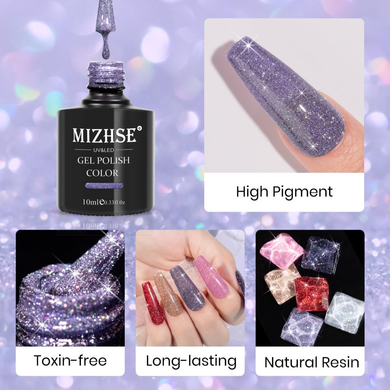 MIZHSE Reflective Glitter Gel Nail Polish, Holographic Glitter Gel Polish Set Sparkly Shiny Bling Nail Polish Soak Off UV/LED Nail Art Manicure Kit - Image 3