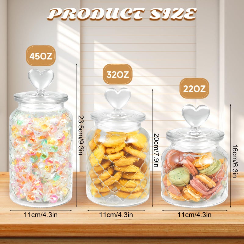 Rainmae 3 Pcs Heart Candy & Cookie Jars with Lids, 22 32 45 oz Cute Heart Shaped Airtight Food Storage Glass Cookie Containers for Kitchen Decorative Apothecary Canisters (Clear) - Image 2