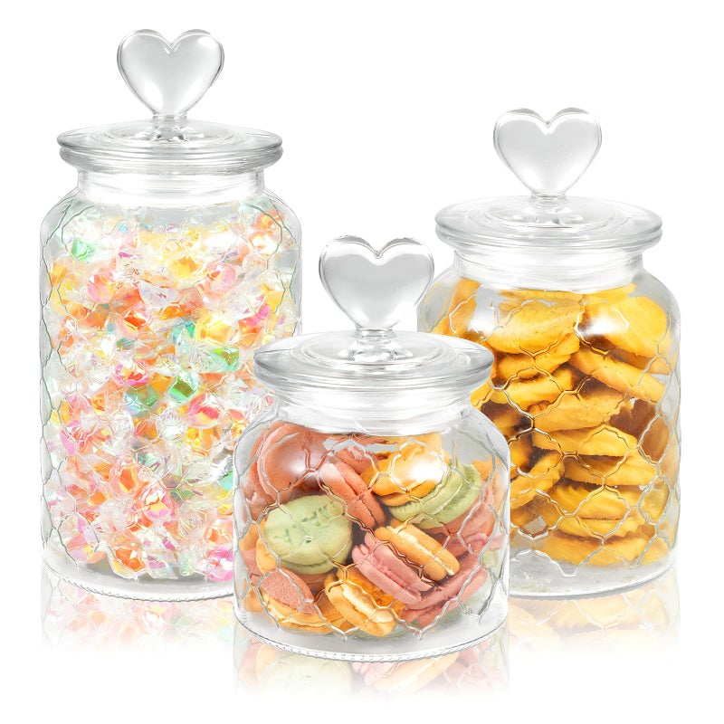 Rainmae 3 Pcs Heart Candy & Cookie Jars with Lids, 22 32 45 oz Cute Heart Shaped Airtight Food Storage Glass Cookie Containers for Kitchen Decorative Apothecary Canisters (Clear) - Image 1