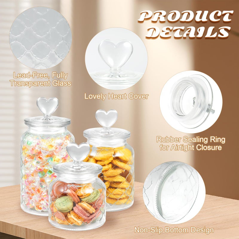 Rainmae 3 Pcs Heart Candy & Cookie Jars with Lids, 22 32 45 oz Cute Heart Shaped Airtight Food Storage Glass Cookie Containers for Kitchen Decorative Apothecary Canisters (Clear) - Image 3