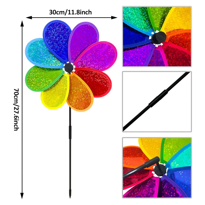 timecity 4PCS Flower Wind Spinner Sparkly Lawn Pinwheel 11.8 inch Colorful Rainbow Garden Windmill for Garden, Party, Outdoor, Yard Decor - Image 2