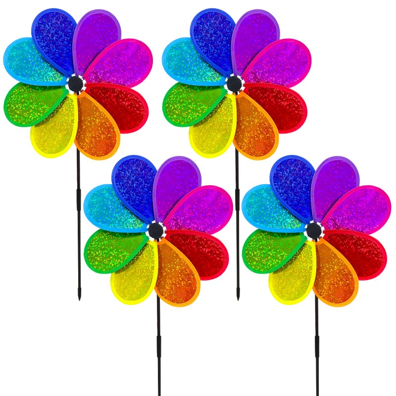 timecity 4PCS Flower Wind Spinner Sparkly Lawn Pinwheel 11.8 inch Colorful Rainbow Garden Windmill for Garden, Party, Outdoor, Yard Decor - Image 1