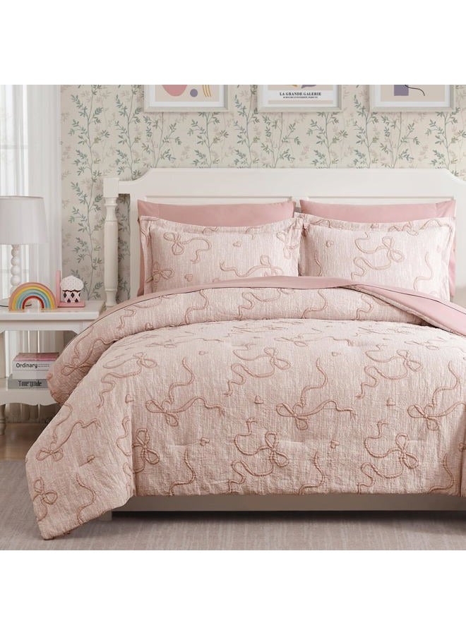 Geniospin Pink Full Comforter Set for Girls- 7 Pieces Bowknot Jacquard Bed in A Bag Twin Bedding Sets with Sheets, Pillowcases & Shams, All Season Kids Comforter Set - Image 1