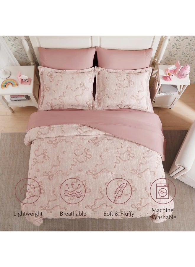 Geniospin Pink Full Comforter Set for Girls- 7 Pieces Bowknot Jacquard Bed in A Bag Twin Bedding Sets with Sheets, Pillowcases & Shams, All Season Kids Comforter Set - Image 3