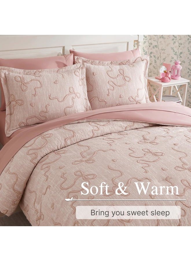 Geniospin Pink Full Comforter Set for Girls- 7 Pieces Bowknot Jacquard Bed in A Bag Twin Bedding Sets with Sheets, Pillowcases & Shams, All Season Kids Comforter Set - Image 2