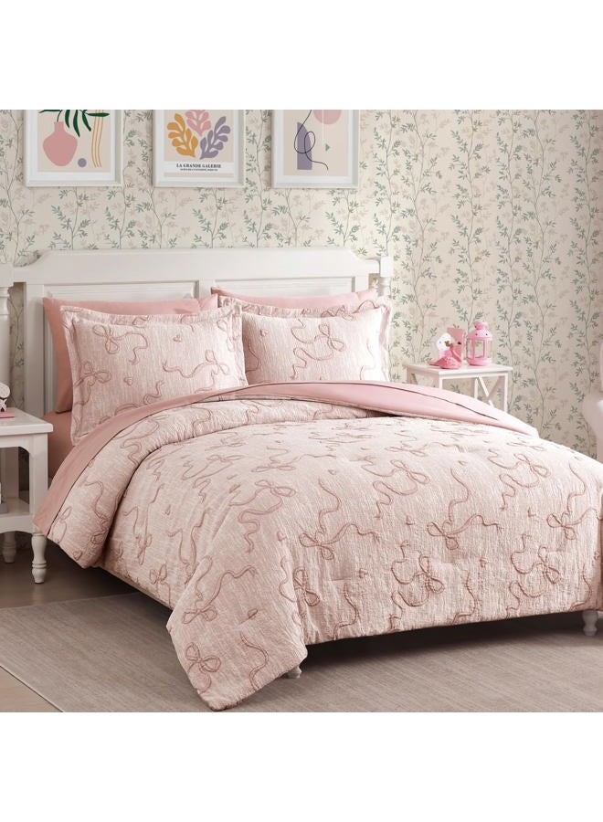 Geniospin Pink Full Comforter Set for Girls- 7 Pieces Bowknot Jacquard Bed in A Bag Twin Bedding Sets with Sheets, Pillowcases & Shams, All Season Kids Comforter Set - Image 4