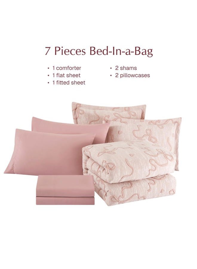 Geniospin Pink Full Comforter Set for Girls- 7 Pieces Bowknot Jacquard Bed in A Bag Twin Bedding Sets with Sheets, Pillowcases & Shams, All Season Kids Comforter Set - Image 5
