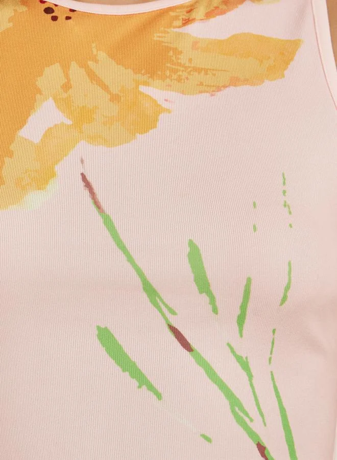 Styli Floral Print Round Neck Contrast Piping Sleeveless Tank