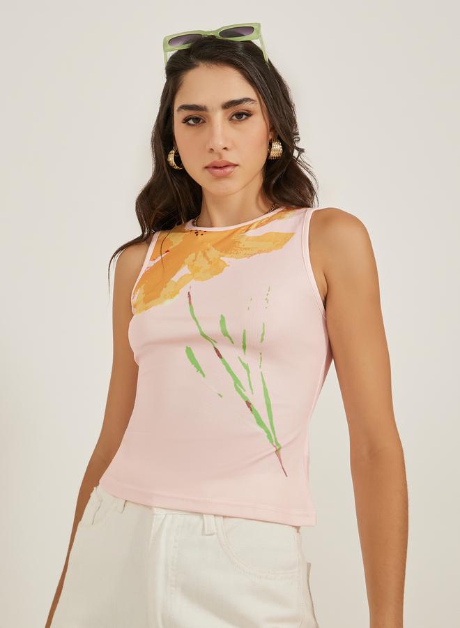 Styli Floral Print Round Neck Contrast Piping Sleeveless Tank  - Image 3