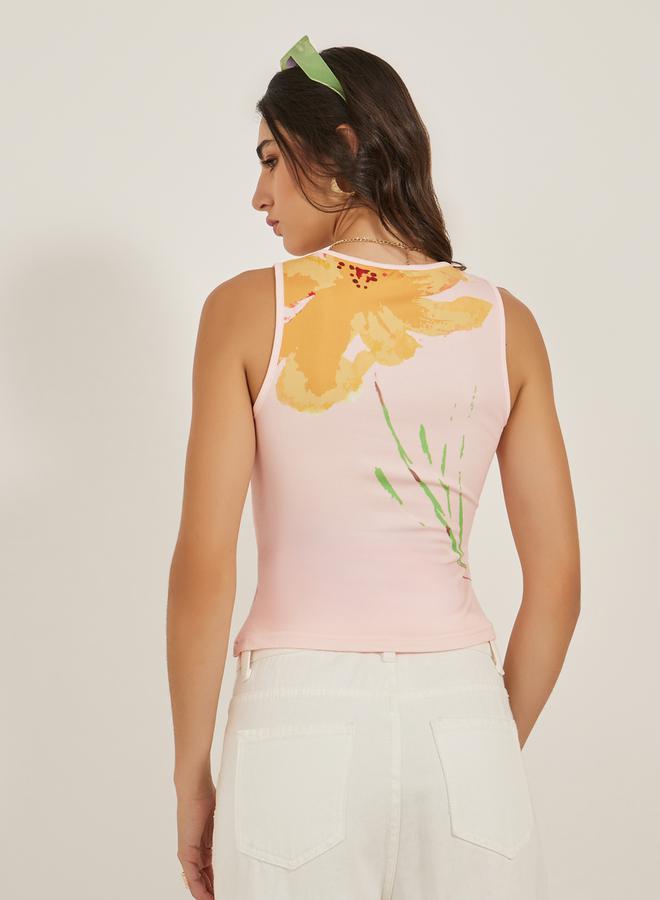 Styli Floral Print Round Neck Contrast Piping Sleeveless Tank  - Image 5