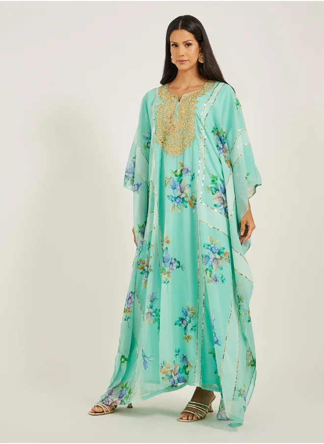 Maxim Creation Maxim Creation Printed Notch Neck Embroidered Kaftan