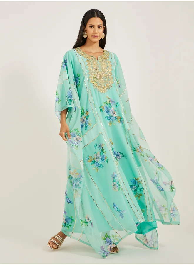 Maxim Creation Maxim Creation Printed Notch Neck Embroidered Kaftan