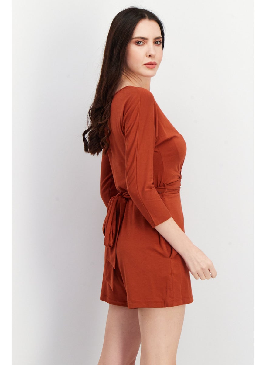 Women Solid Long Sleeve Playsuit, Brown