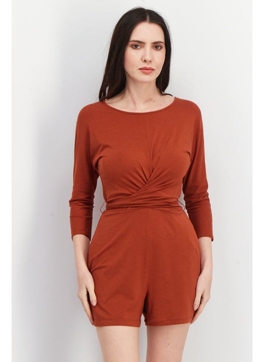 Women Solid Long Sleeve Playsuit, Brown