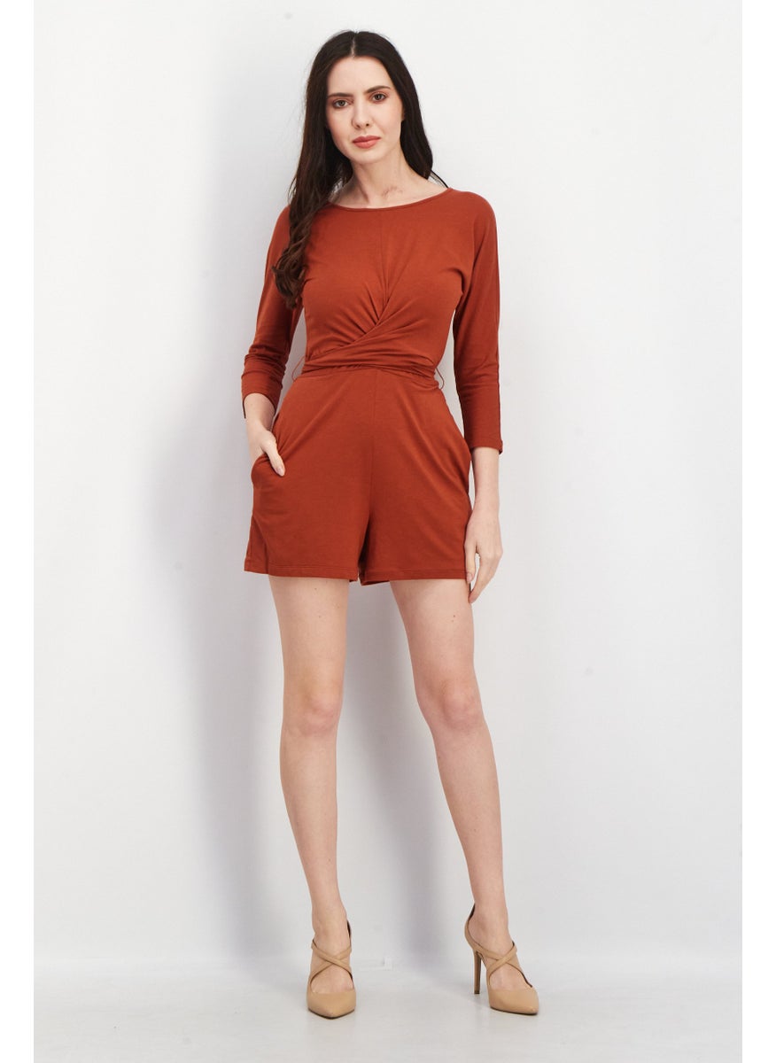 Women Solid Long Sleeve Playsuit, Brown