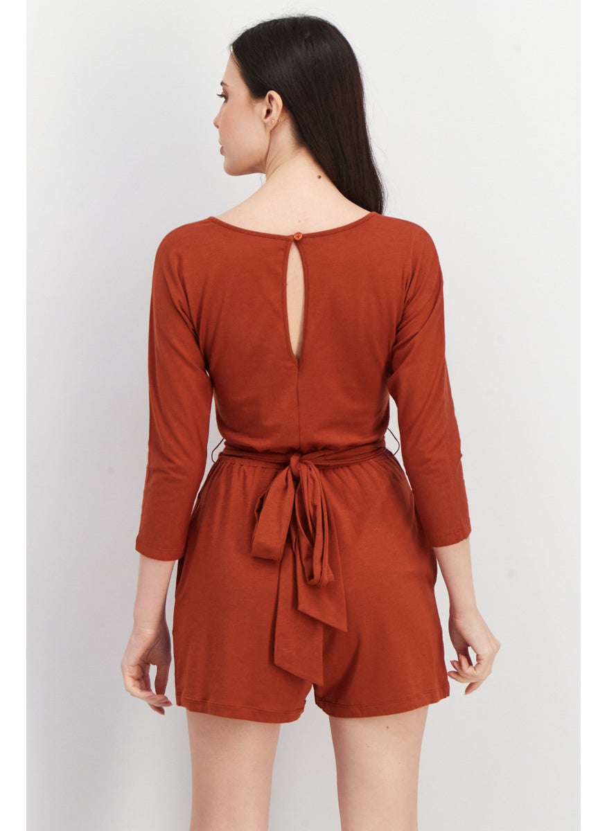 Women Solid Long Sleeve Playsuit, Brown