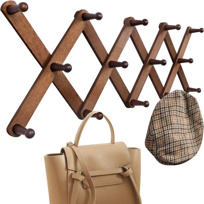 OROPY Wood Accordion Wall Hanger, Expandable Coat Rack Wall Mount with 14 Pegs, Expanding Hat Rack for Wall, X Shape, 27"×10", Walnut Color - Image 1