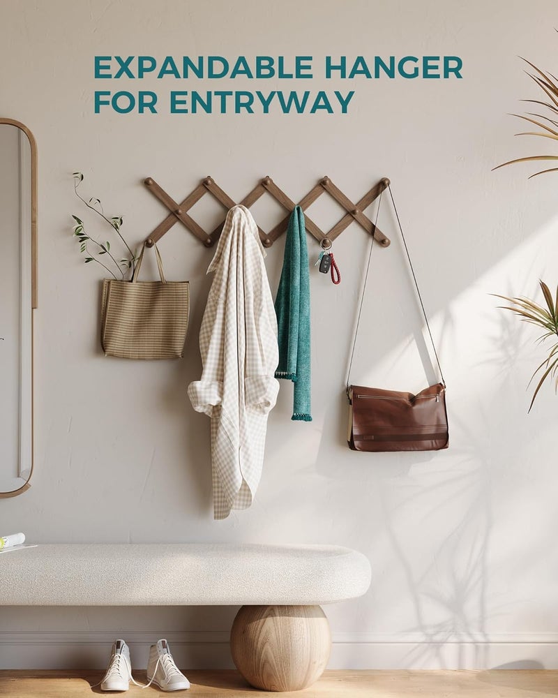 OROPY Wood Accordion Wall Hanger, Expandable Coat Rack Wall Mount with 14 Pegs, Expanding Hat Rack for Wall, X Shape, 27"×10", Walnut Color - Image 2