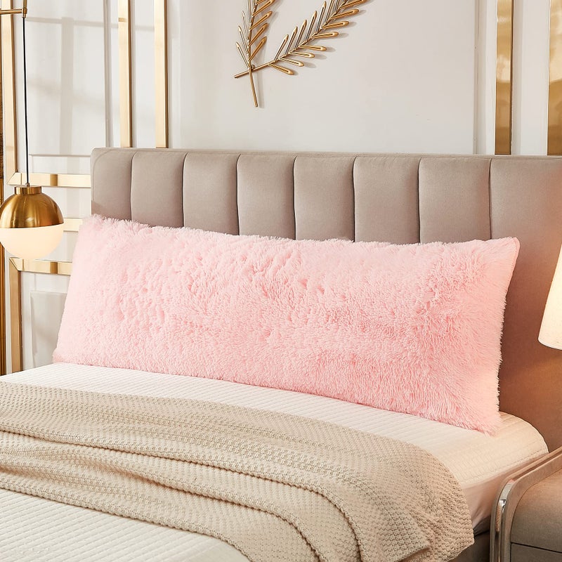 JAUXIO Faux Fur Fluffy Body Pillow Cover Luxury Shaggy Plush Decorative Solid Body Pillowcase Ultra Soft and Cozy Zipper Closure 21 x 54 Inches Pink