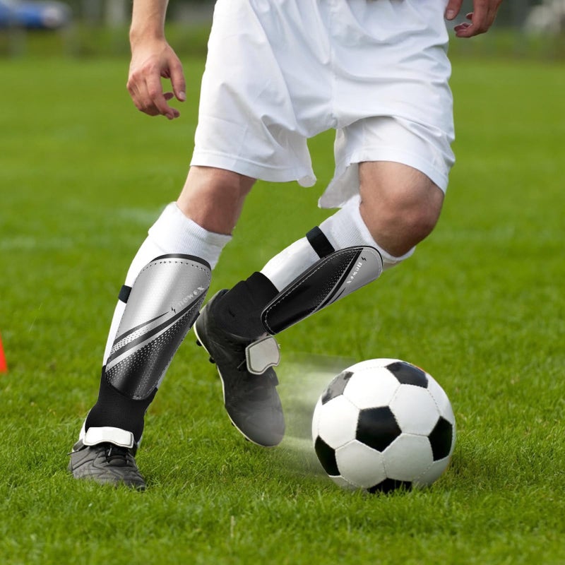 newox Kids Soccer Shin Guards with Ankle Protection, Youth Soccer Shin Pads for Toddler Boys Girls, Lightweight Protective Gear for Training & Games, Silver Black, Small - Image 2