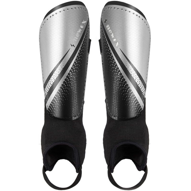 newox Kids Soccer Shin Guards with Ankle Protection, Youth Soccer Shin Pads for Toddler Boys Girls, Lightweight Protective Gear for Training & Games, Silver Black, Small - Image 1